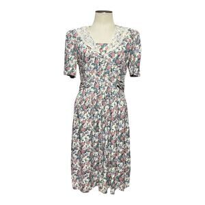 Jodi Michaels Vintage 80s Floral Lace Midi Dress Cream Pink Purple 11